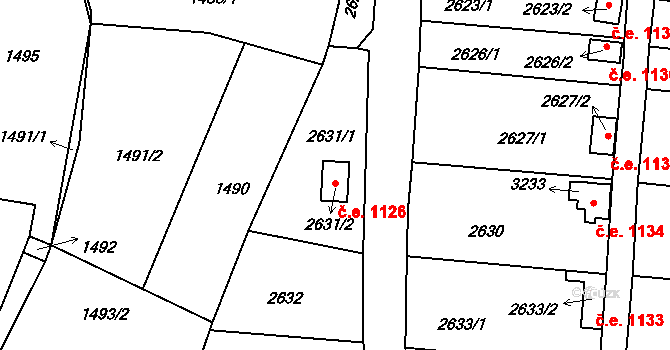 Bystřice nad Pernštejnem 1126 na parcele st. 2631/2 v KÚ Bystřice nad Pernštejnem, Katastrální mapa