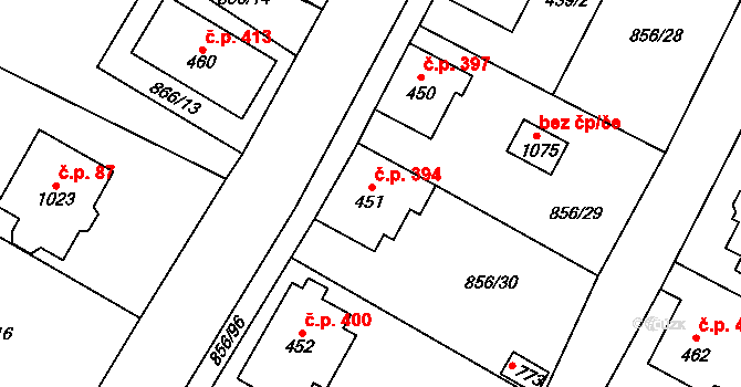 Hanušovice 394 na parcele st. 451 v KÚ Hanušovice, Katastrální mapa