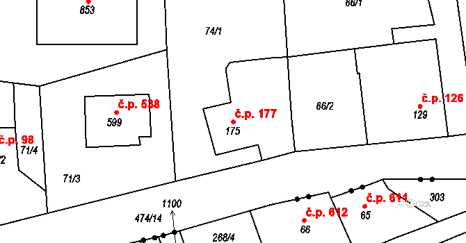 Rudná 177 na parcele st. 175 v KÚ Dušníky u Rudné, Katastrální mapa