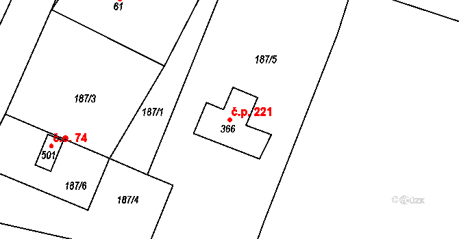 Hrádek 221 na parcele st. 366 v KÚ Hrádek u Rokycan, Katastrální mapa
