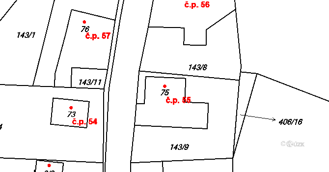 Veleboř 55, Klopina na parcele st. 75 v KÚ Veleboř, Katastrální mapa