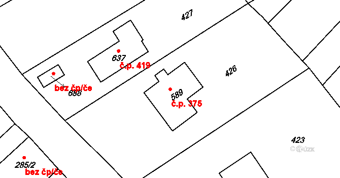 Merklín 375 na parcele st. 589 v KÚ Merklín u Přeštic, Katastrální mapa