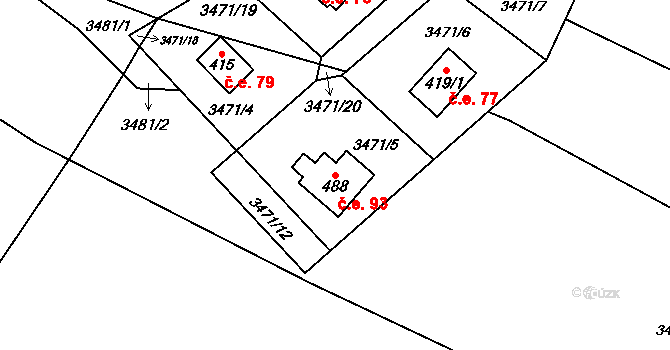 Podělusy 93, Týnec nad Sázavou na parcele st. 488 v KÚ Podělusy, Katastrální mapa