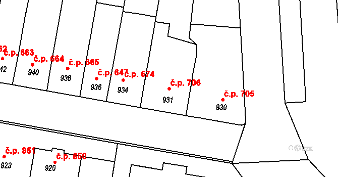 Velké Pavlovice 706 na parcele st. 931 v KÚ Velké Pavlovice, Katastrální mapa