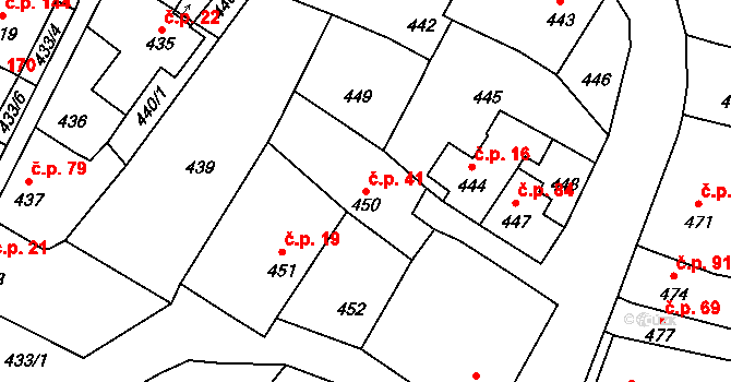 Rychlov 41, Bystřice pod Hostýnem na parcele st. 450 v KÚ Rychlov u Bystřice pod Hostýnem, Katastrální mapa