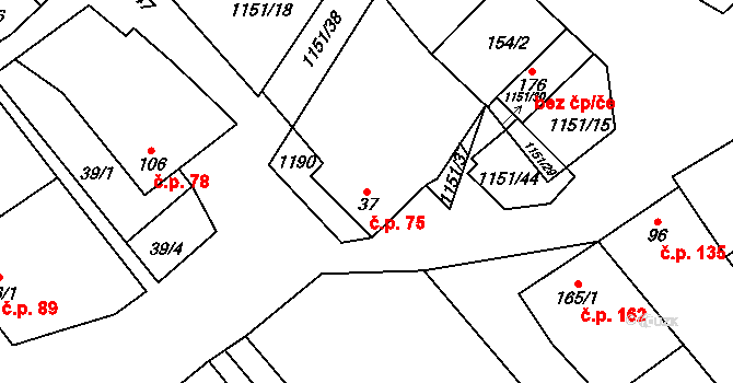 Želetice 75 na parcele st. 37 v KÚ Želetice u Znojma, Katastrální mapa