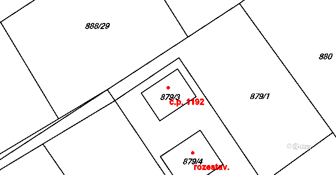 Bystřice 1192 na parcele st. 879/3 v KÚ Bystřice nad Olší, Katastrální mapa