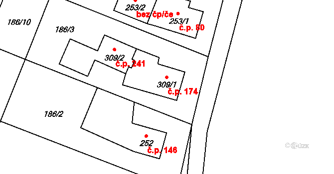 Guty 174, Třinec na parcele st. 309/1 v KÚ Guty, Katastrální mapa