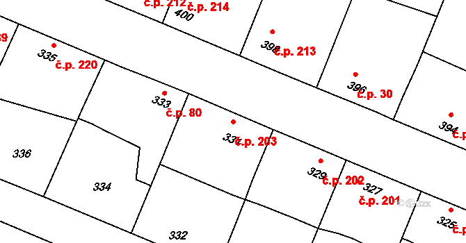 Těmice 203 na parcele st. 331 v KÚ Těmice u Hodonína, Katastrální mapa