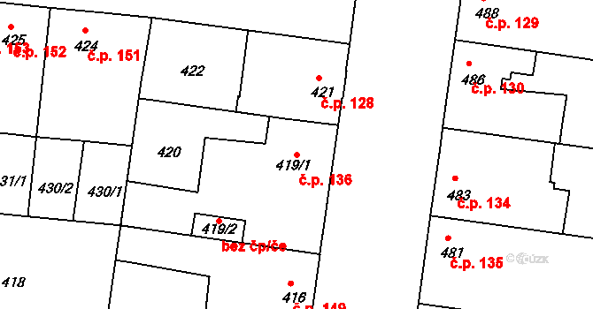 Mochov 136 na parcele st. 419/1 v KÚ Mochov, Katastrální mapa