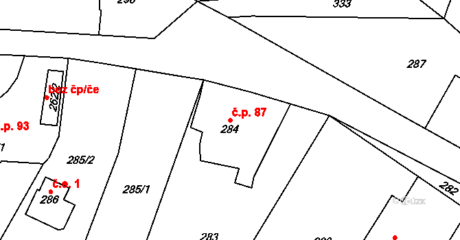 Lhotka 87 na parcele st. 284 v KÚ Lhotka u Hořovic, Katastrální mapa