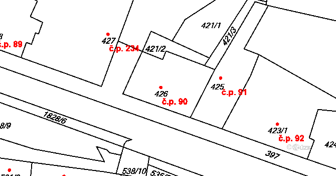 Kosmonosy 90 na parcele st. 426 v KÚ Kosmonosy, Katastrální mapa