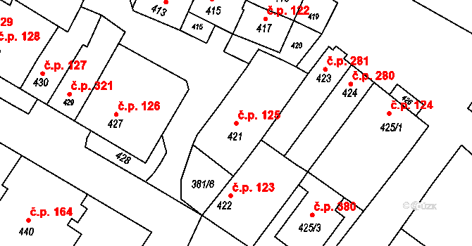 Křelov 125, Křelov-Břuchotín na parcele st. 421 v KÚ Křelov, Katastrální mapa