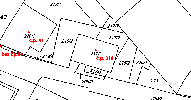 Všebořice 316, Ústí nad Labem na parcele st. 217/3 v KÚ Všebořice, Katastrální mapa