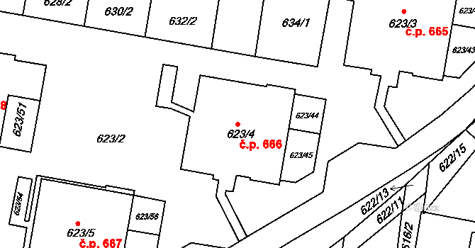Jundrov 666, Brno na parcele st. 623/4 v KÚ Jundrov, Katastrální mapa