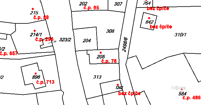 Česká Kamenice 76 na parcele st. 205 v KÚ Česká Kamenice, Katastrální mapa