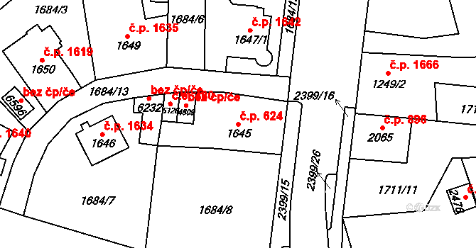 Cheb 624 na parcele st. 1645 v KÚ Cheb, Katastrální mapa
