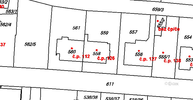 Veleslavín 126, Praha na parcele st. 558 v KÚ Veleslavín, Katastrální mapa