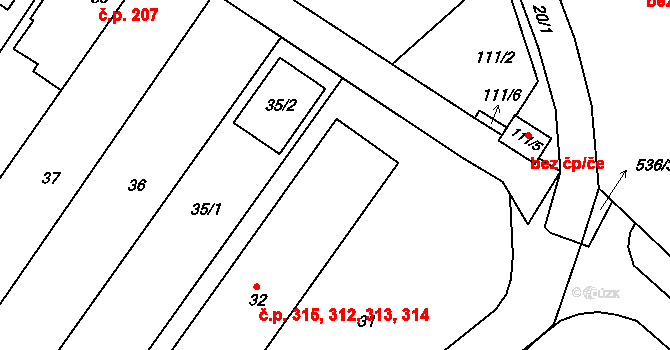 Ostopovice 312,313,314,315 na parcele st. 32 v KÚ Ostopovice, Katastrální mapa
