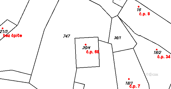 Skrýšov 68, Pelhřimov na parcele st. 20/4 v KÚ Skrýšov u Pelhřimova, Katastrální mapa