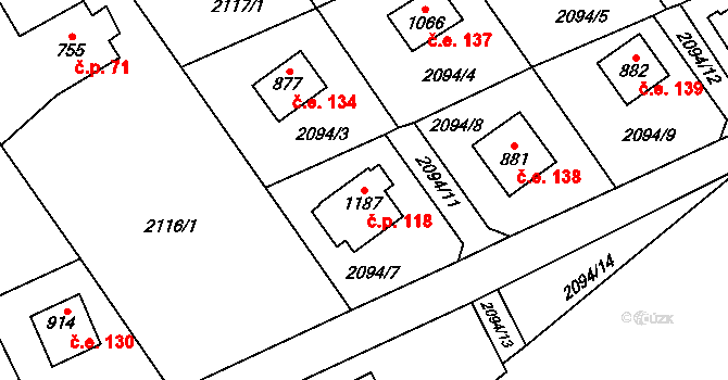 Vysoká Lhota 118, Čerčany na parcele st. 1187 v KÚ Čerčany, Katastrální mapa
