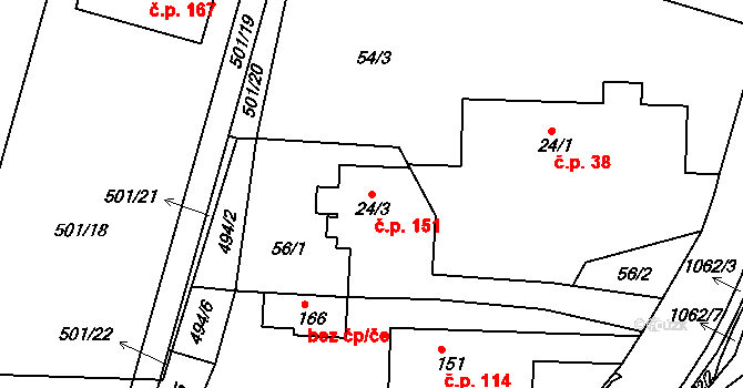 Čestice 151 na parcele st. 24/3 v KÚ Čestice u Častolovic, Katastrální mapa
