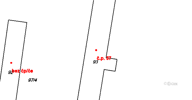 Písečná 57, Česká Lípa na parcele st. 93 v KÚ Písečná u Dobranova, Katastrální mapa
