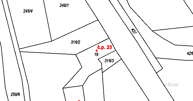 Jabloňov 23, Věžná na parcele st. 19 v KÚ Jabloňov, Katastrální mapa