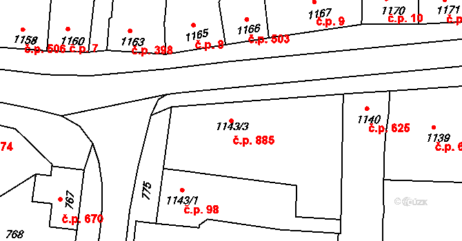 Klobouky u Brna 885 na parcele st. 1143/3 v KÚ Klobouky u Brna, Katastrální mapa