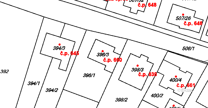 Blučina 660 na parcele st. 396/3 v KÚ Blučina, Katastrální mapa