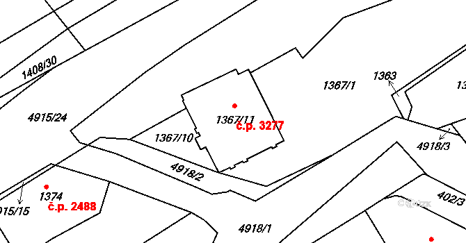Smíchov 3277, Praha na parcele st. 1367/11 v KÚ Smíchov, Katastrální mapa