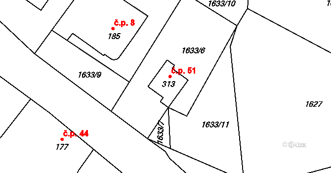 Nesměřice 51, Zruč nad Sázavou na parcele st. 313 v KÚ Nesměřice, Katastrální mapa