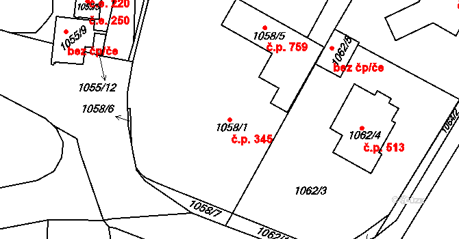 Bystřice nad Pernštejnem 345 na parcele st. 1058/1 v KÚ Bystřice nad Pernštejnem, Katastrální mapa