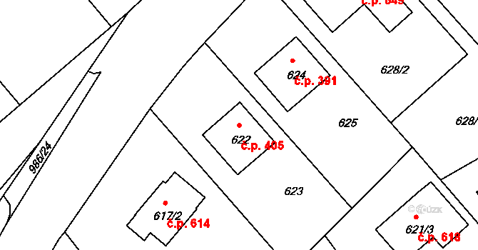 Štípa 405, Zlín na parcele st. 622 v KÚ Štípa, Katastrální mapa