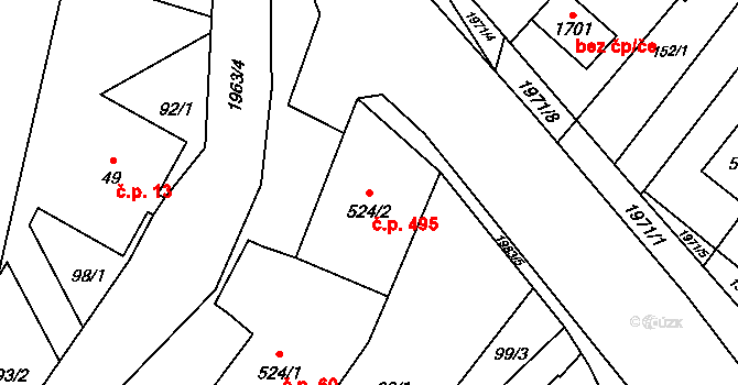 Rokytnice 495, Vsetín na parcele st. 524/2 v KÚ Rokytnice u Vsetína, Katastrální mapa