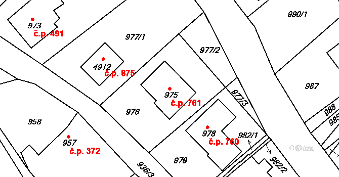 Buchlovice 761 na parcele st. 975 v KÚ Buchlovice, Katastrální mapa