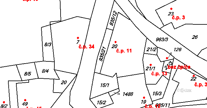 Předbořice 11, Kovářov na parcele st. 20 v KÚ Předbořice u Zahořan, Katastrální mapa