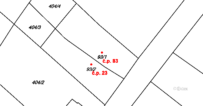Korycany 23, Neratovice na parcele st. 93/2 v KÚ Korycany, Katastrální mapa