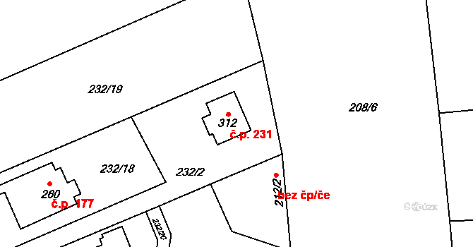 Lhota 231 na parcele st. 312 v KÚ Lhota u Kamenných Žehrovic, Katastrální mapa