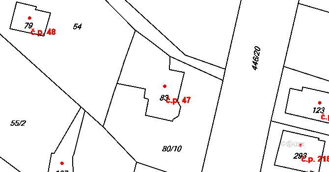 Roudná 47 na parcele st. 83 v KÚ Roudná nad Lužnicí, Katastrální mapa