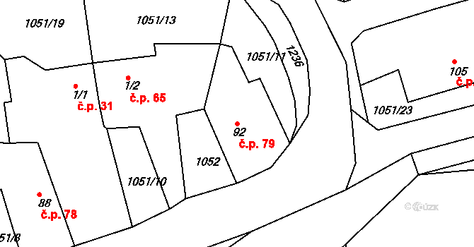 Těškov 79 na parcele st. 92 v KÚ Těškov, Katastrální mapa