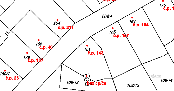 Rosice 143, Pardubice na parcele st. 151 v KÚ Rosice nad Labem, Katastrální mapa
