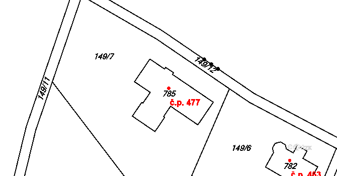 Březová 477, Březová-Oleško na parcele st. 785 v KÚ Březová u Zvole, Katastrální mapa
