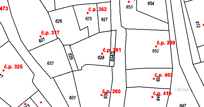 Klobouky u Brna 261 na parcele st. 628 v KÚ Klobouky u Brna, Katastrální mapa
