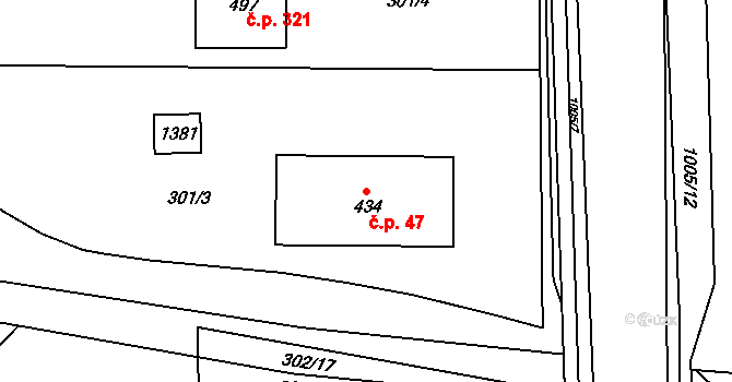 Břest 47 na parcele st. 434 v KÚ Břest, Katastrální mapa