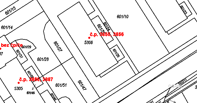 Kroměříž 3855,3856 na parcele st. 5308 v KÚ Kroměříž, Katastrální mapa