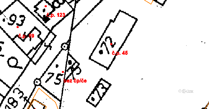 Vlkaneč 45 na parcele st. 72 v KÚ Vlkaneč, Katastrální mapa
