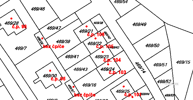 Zahrádky 104 na parcele st. 469/23 v KÚ Zahrádky u České Lípy, Katastrální mapa