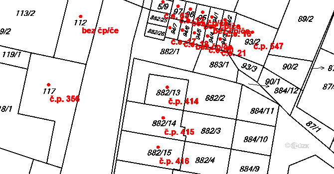 Měnín 414 na parcele st. 882/13 v KÚ Měnín, Katastrální mapa