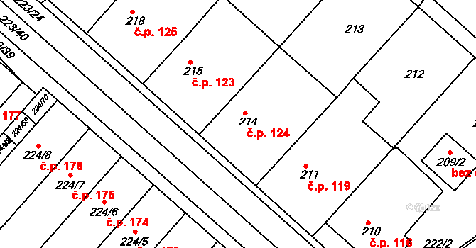 Skoronice 124 na parcele st. 214 v KÚ Skoronice, Katastrální mapa